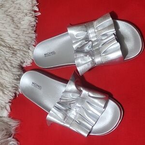 Michael Kors Leather Metallic Silver Ruffle Sandals